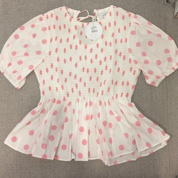 NWT Petal & Pup Cotton Polka Dot White and Pink Round Neck Cropped Top, size 6 - Picture 3 of 7